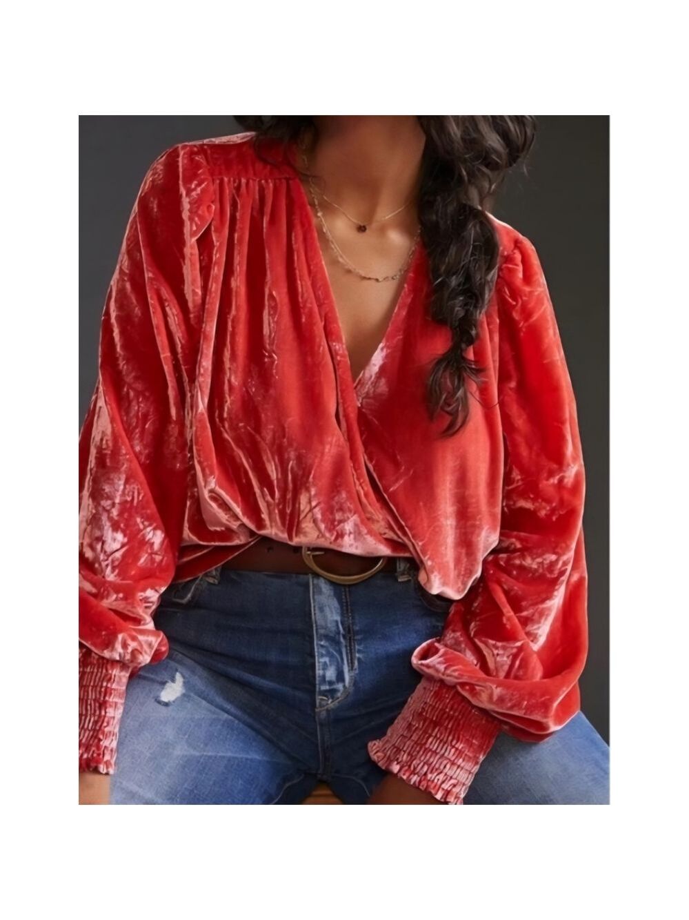 ANTHROPOLOGIE LONG SLEEVE FAUX WRAP CORAL SURPLICE VELVET BLOUSE TOP SIZE SMALL